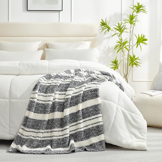 Snuggle Sac Stripe Black Throw Blanket for Couch, Reversible Super Soft Warm Blankets Cozy Knit Fuzzy Plush Lightweight Throws for Sofa, Bed, Stripe Black, 50x60 inches-Ruum Studio Home