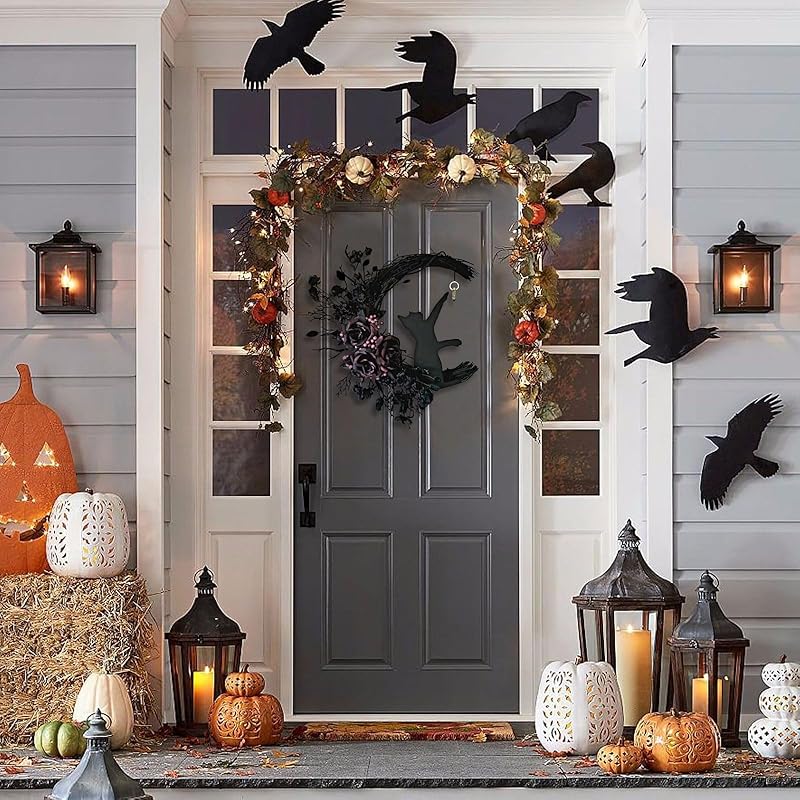 Halloween Wreaths for Front Door with Light, Black Cat on Moon Garland with Rose Wreath Decor, Halloween Decorations Crescent Moon Wreath for Home Party Window Wall Indoor Outdoor (black flower)-Ruum Studio Home