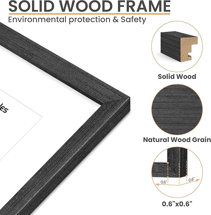 upsimples 11x14 Picture Frame, Natural Solid Wooden Picture Frames, Display 8x10 with Mat or 11 x 14 Without, Vertical or Horizontal Wall Hanging, 1 Pack, Black-Ruum Studio Home