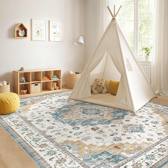 Washable Area Rugs for Living Room - 5x7 Neutral Vintage Distressed Floral Farmhouse Boho Large Soft Floor Rug Indoor Non Slip Carpet for Living Room Bedroom Dining Room Office - Blue/Yellow/Beige-Ruum Studio Home