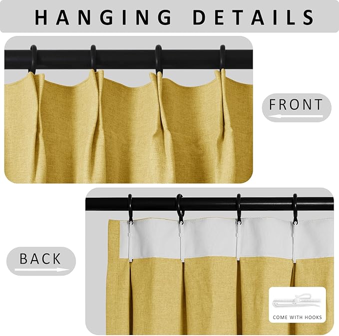Macochico Extra Wide 100% Blackout Linen Curtains for Sliding Door Pleated Curtains with Hooks Insulated Soft Linen Drapes for Bedroom Living Room with Tieback Yellow 100”Wx84”L 1 Panel-Ruum Studio Home
