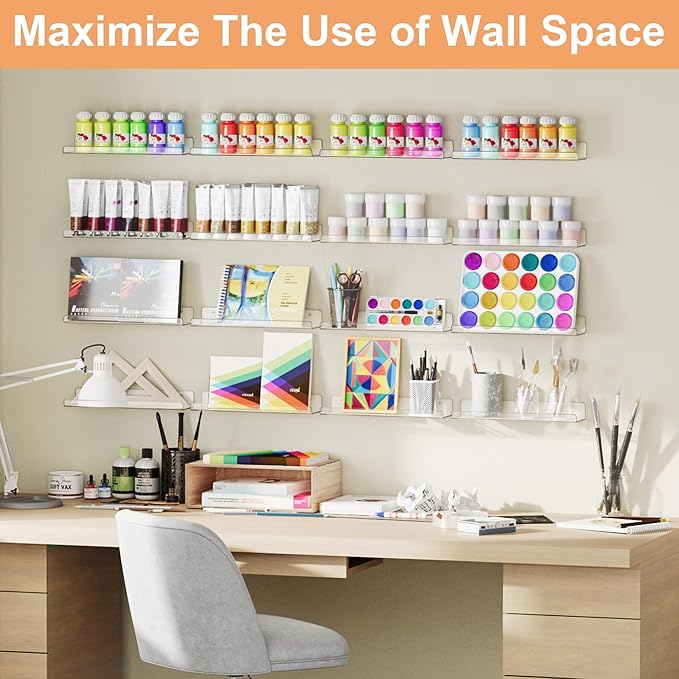 upsimples 16 Pack Acrylic Shelves for Wall Storage, 15" Floating Bookshelves for Kids, Display Shelf Organizer for Bathroom, Bedroom, Living Room, Kitchen, Room Decor, Clear-Ruum Studio Home