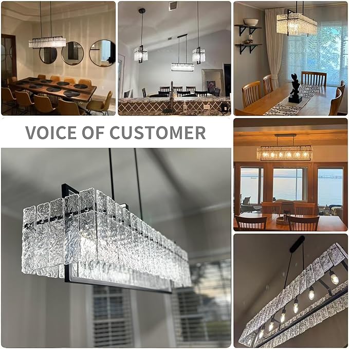 IKK Modern Rectangle Black Crystal Chandeliers for Dining Room, 42" Large Rectangular Water Ripple Glass Island Light Fixture, Linear Farmhouse Lighting for Kitchen Island, Living Room, L42xW11xH12-Ruum Studio Home