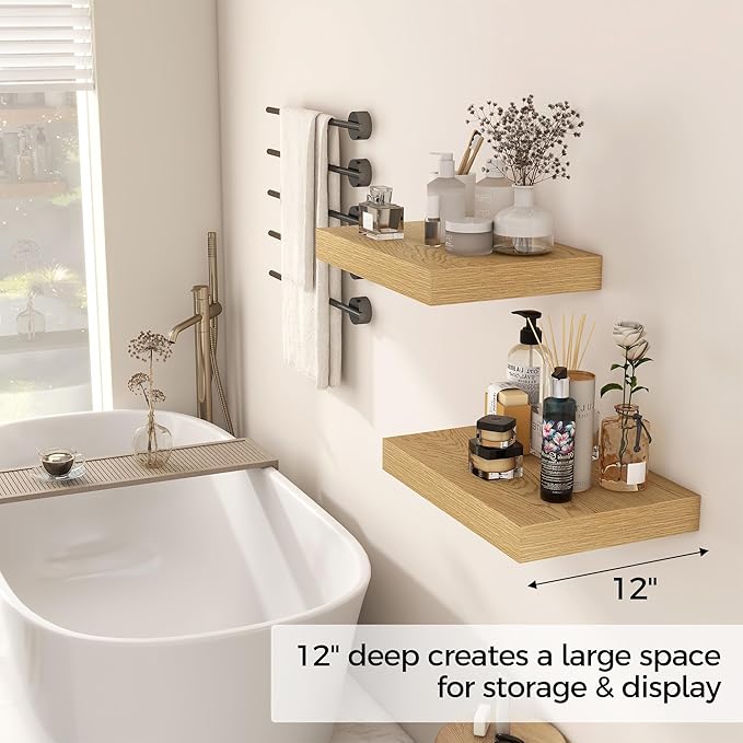 12 Inch Deep Floating Shelves, 16 x 12 Floating Shelf for Books, Rustic Wood Deep Wall Shelves for Home Storage & Display, 2" Thicked Shelves for Kitchen, Living Room, Bedroom, Oak Color, 2 Pack-Ruum Studio Home