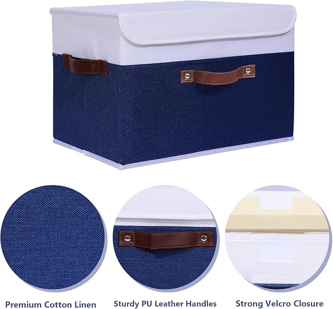ANMINY 4PCS Storage Boxes with Lid Washable Decorative Storage Bin Basket with PU Leather Handle Foldable Linen Fabric Storage Cube Container for Home Closet Organizer - Deep Blue White, Large Size-Ruum Studio Home