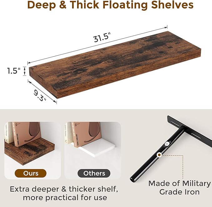 Fun Memories 32 Inch Floating Shelves, Farmhouse Wood Floating Shelf Set of 2, 32 x 9 Floating Shelf Wall Mounted, Deep Storage Display Shelves for Kitchen, Bedroom, Living Room, Rustic Brown Color-Ruum Studio Home