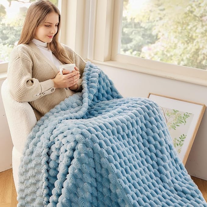 NEWCOSPLAY Super Soft Twin Blanket Blue Premium Silky Flannel Fleece 3D Clouds Stylish Jacquard Lightweight Bed Blanket All Season Use 350GSM (Blue, Twin(60"x80"))-Ruum Studio Home
