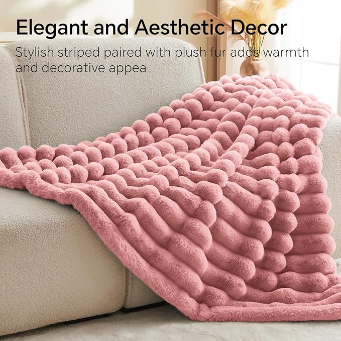 BEDELITE Faux Fur Throw Blanket for Couch, Soft and Cozy Luxurious 3D Striped Fluffy Blanket, 770GSM Thick Warm Plush Fuzzy Faux Rabbit Fur Blanket for Women Gift (Pink, 60"x 80")-Ruum Studio Home