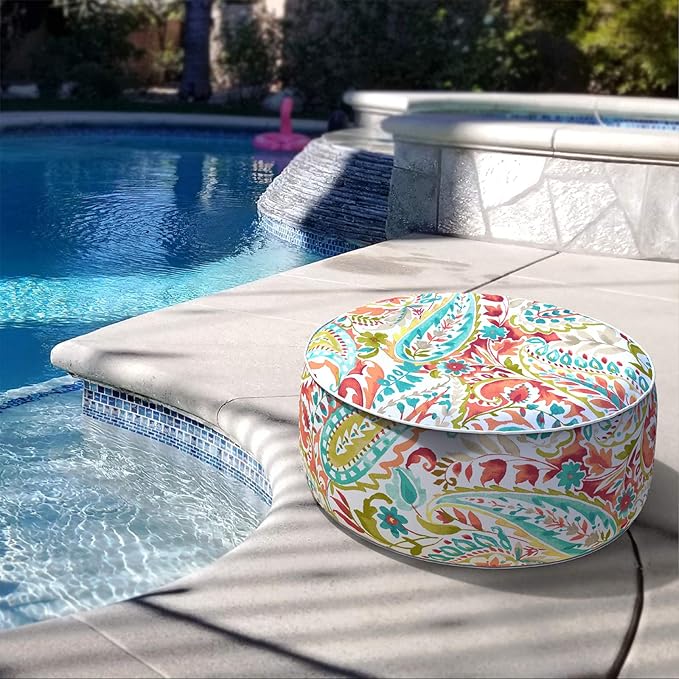 LVTXIII Inflatable Stool Ottoman Footrest with Handle, Decorative Fade-Resistant Foot Stool, Indoor or Outdoor Pouf for Home Patio Garden and Camping Use, D21 x W 21 x H9, Warm Paisley-Ruum Studio Home