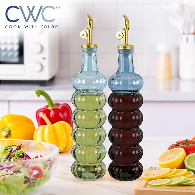 COOK WITH COLOR Glass Olive Oil Bottle Dispenser - 2 Pack- 17oz Oil and Vinegar Cruet - Olive Oil Carafe Decanter for Kitchen-Ruum Studio Home