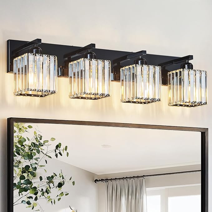 Modern Bathroom Vanity Light 4-Lights Plating Black Crystal Bathroom Wall Light Vanity Light Fixtures-Ruum Studio Home