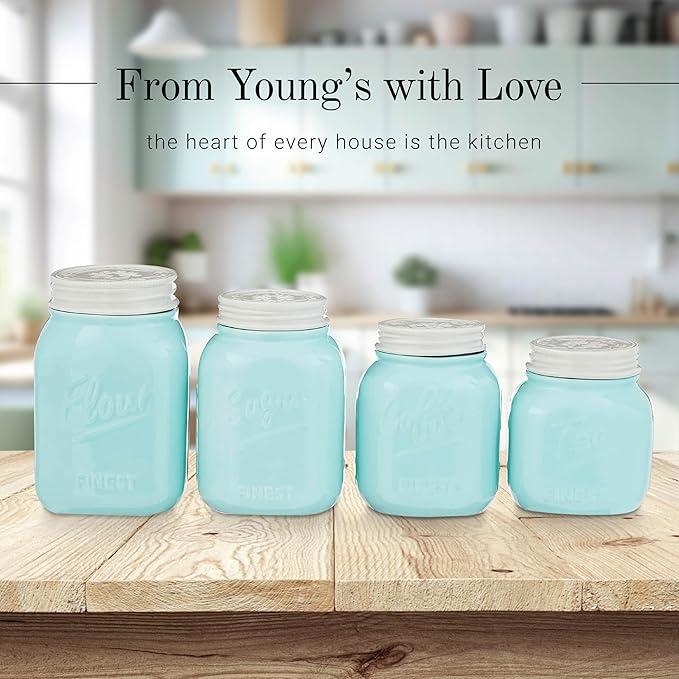 Young's Inc. 4 Pcs Set Vintage Ceramic Canisters- Storage Container for Kitchen and Bathroom - Beautiful Home Decor Accent to Store Food, Coffee, Tea, and More - Sky Blue-Ruum Studio Home