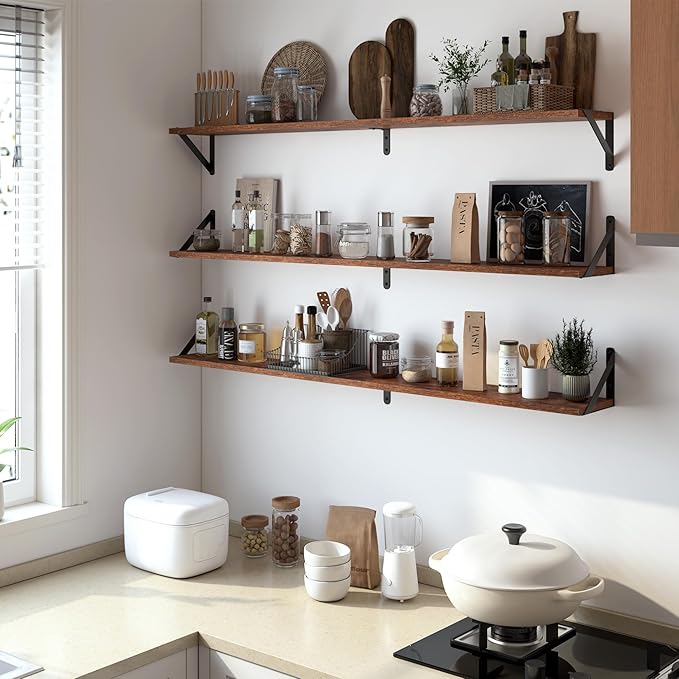 Heimlove 48 Inch Large Wall Bookshelves Set of 3, Wall Mounted Bookshelves,Heavy Duty Wooden Shelves for Living Room,Bedroom,Kitchen,Laundry Room Storage & Decor-Ruum Studio Home