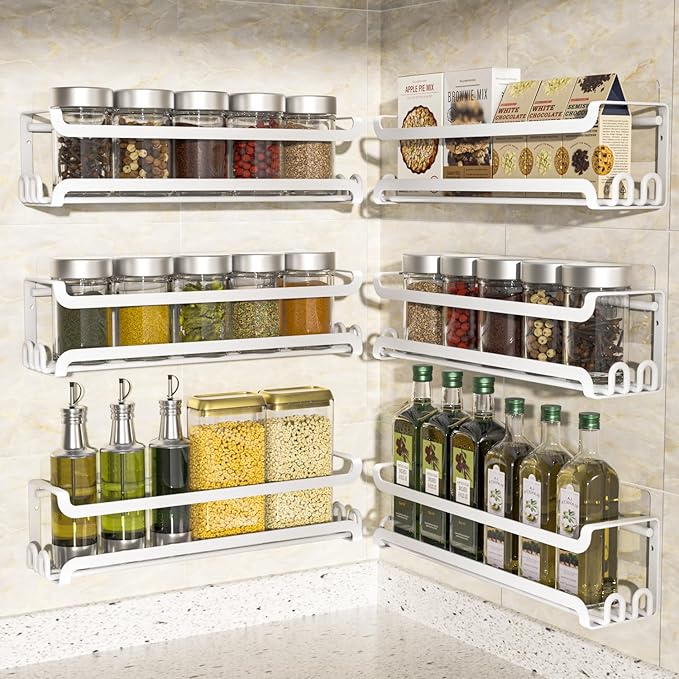 LUCYCAZ 6 Pack Wall Mounted Spice Rack with 22 Hooks, Spice Organizer Shelf for Stove Cabinet Pantry Door,Screw or Adhesive Spice Shelf Hanging Wall Spice Rack in Kitchen and RV (White, 6 PACK)-Ruum Studio Home