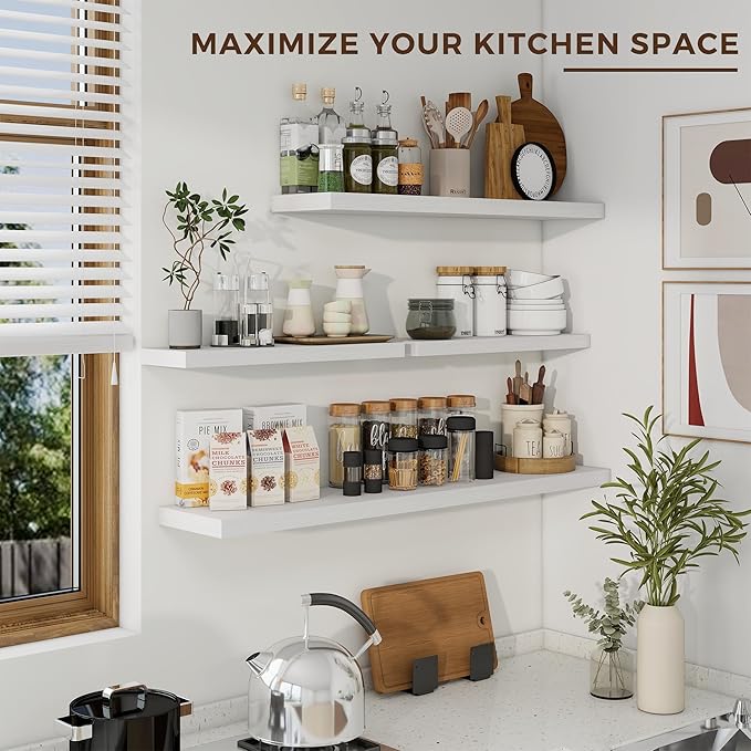 48 inch Floating Shelves for Wall Large Wall Mounted Shelves with Invisible Brackets, White Long Shelves for Bathroom, Living Room, Kitchen, Office, 48x9.1 inch deep Set of 2-Ruum Studio Home