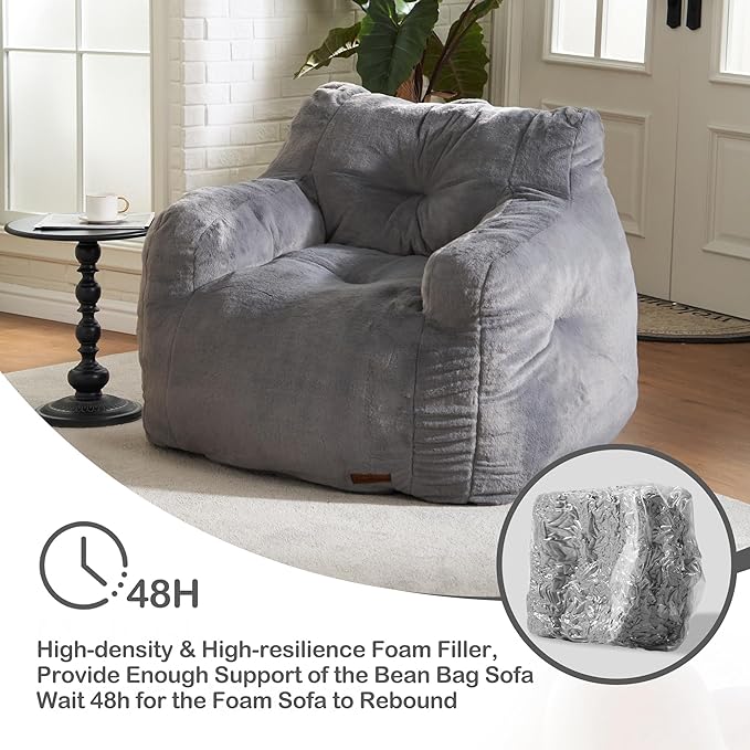 Hobestluk Bean Bag Chair for Adult Small Bean Bag Chairs with Arms Furry Beanbag Chair with Foam Filler Stuffed Bean Bag Sofa for Reading in Bedroom Living Room and Dorms(Grey)-Ruum Studio Home