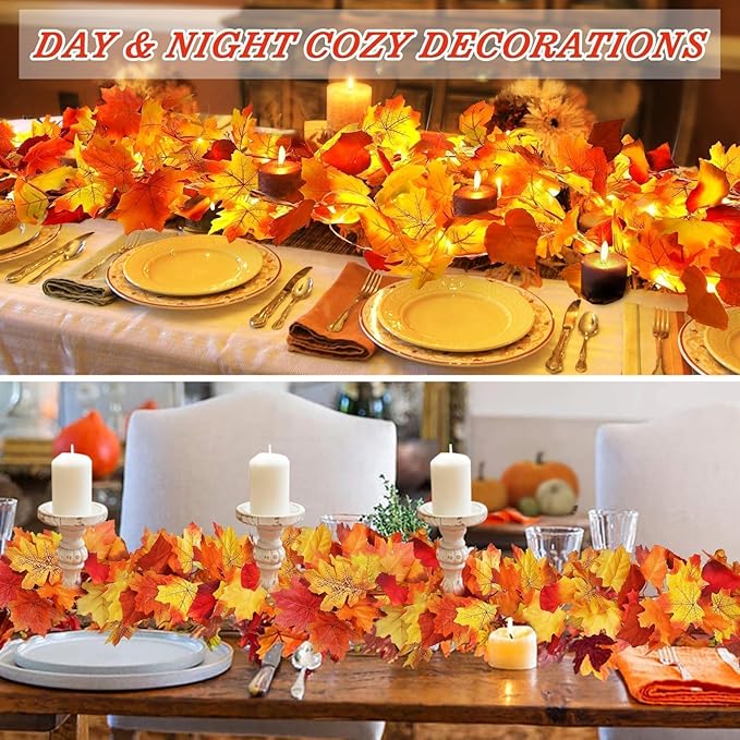 4 Pack Fall Decor Garland - Fall Thanksgiving Decorations for Home - 23.6Ft Maple Leaves Garland with Lights Battery Operated for Mantle Fireplace Table Indoor Outdoor Autumn Halloween Christmas Decor-Ruum Studio Home