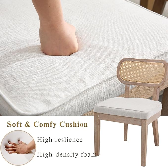 Farmhouse Rattan Dining Chairs Set of 4 Solid Wood Kitchen Chair with Cane Back French Country Upholstered Accent Chair Rustic Armless Side Chairs for Dining/Living Room/Restaurant, Beige-Ruum Studio Home