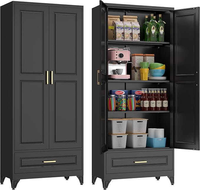 75" Kitchen Pantry Cabinet with Drawer, Metal Storage Cabinets with Doors and Adjustable Shelves, Black Tall Pantry Cabinet for Dinning Living Room, Home Office-Ruum Studio Home