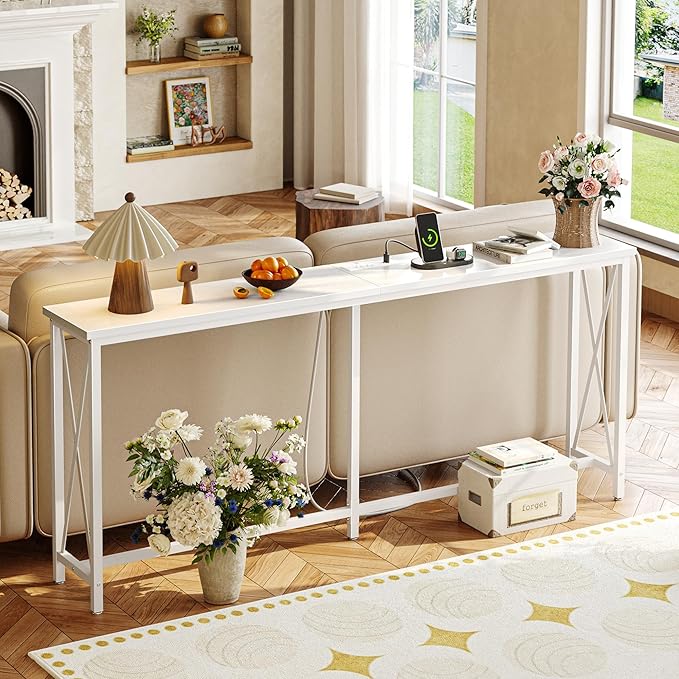 SUPERJARE 70 Inch Console Table with Outlets and USB-C Port, Extra Long Behind Couch Sofa Table with X-Shaped Design, Narrow for Entryway, Living Room, Metal Frame, Wooden Top, White-Ruum Studio Home