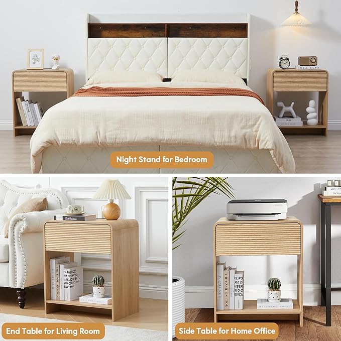 Fluted Nightstand with Charging Station, Mid Century Modern Bed Side Table End Table with Drawer Storage, Large Wooden Night Stands Bedside for Bedroom Living Room Sofa Office, Natural-Ruum Studio Home