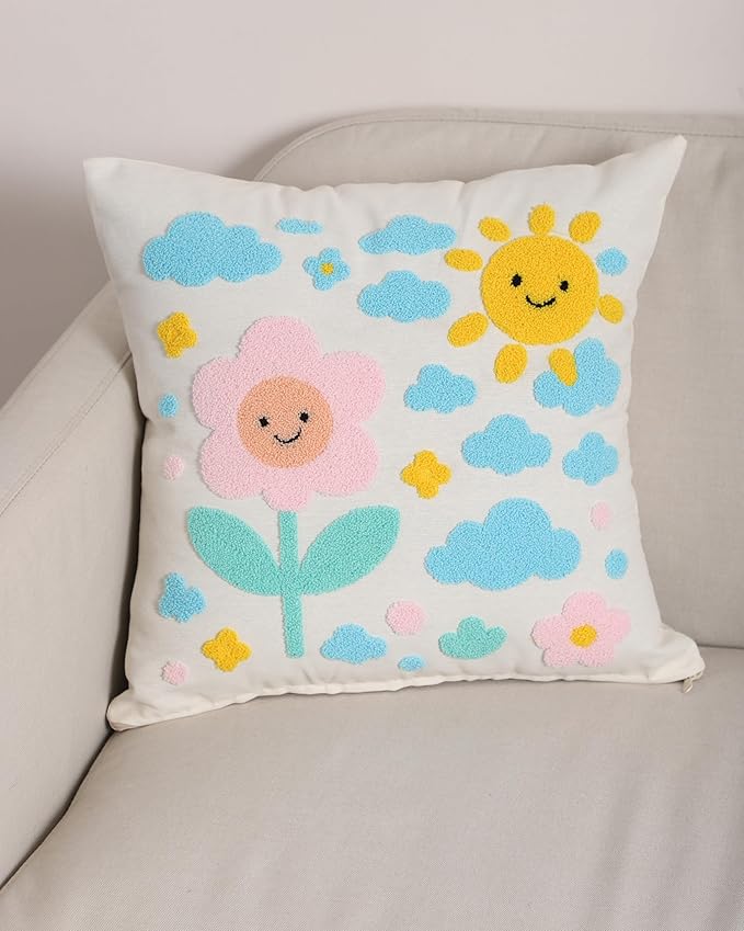 katre home madame & textile Throw Pillow Cover – Sun & Cloud Punch Needle Cushion 18x18 inch – Handmade Embroidered Boho Cotton Pillow for Couch, Bed or Nursery Room Decor-Ruum Studio Home