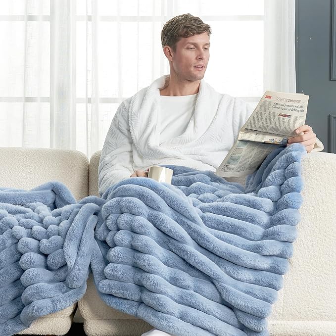Cozy Bliss Faux Fur Throw Blanket for Couch, Cozy Warm Plush Striped Blanket for Sofa Bedroom Living Room,60 * 80 Inches Light Blue-Ruum Studio Home