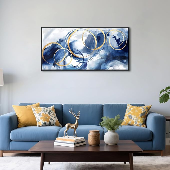 AJAZIKO Blue Abstract Wall Art Modern Navy Blue and Gold Pictures for Living Room Paintings Office Artwork Wall Decor Framed Canvas Wall Art Bedroom Wall Decor Above Bed 20×40IN-Ruum Studio Home
