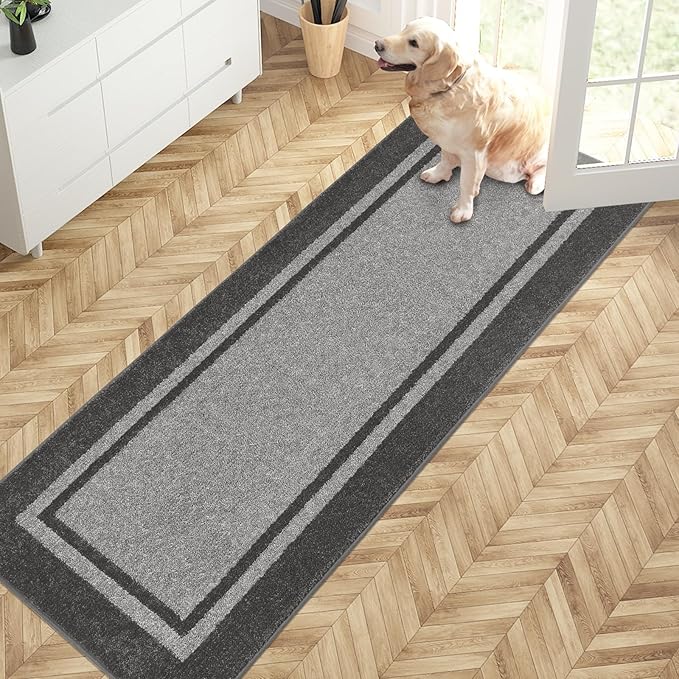 PURRUGS Dirt Trapping Door Mat 24" x 70", Non-Slip/Skid Machine Washable Entryway Rug, Shoes Scraper, Area Rug, Super Absorbent Welcome Mat for Muddy Wet Shoes and Paws, Light Grey & Dark Grey-Ruum Studio Home