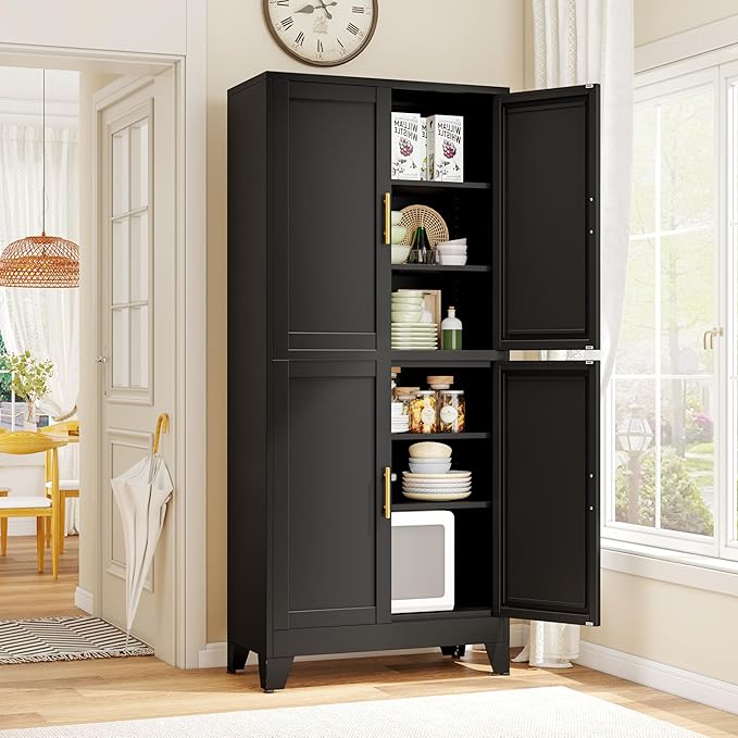 75.2" Tall Metal Pantry Cabinet, Storage Cabinets with 4 Door and 4 Adjustable Shelves, Black Kitchen Pantry Storage Cabinet, Freestanding Cupboard for Kitchen Dining Room Living Room Bathroom-Ruum Studio Home