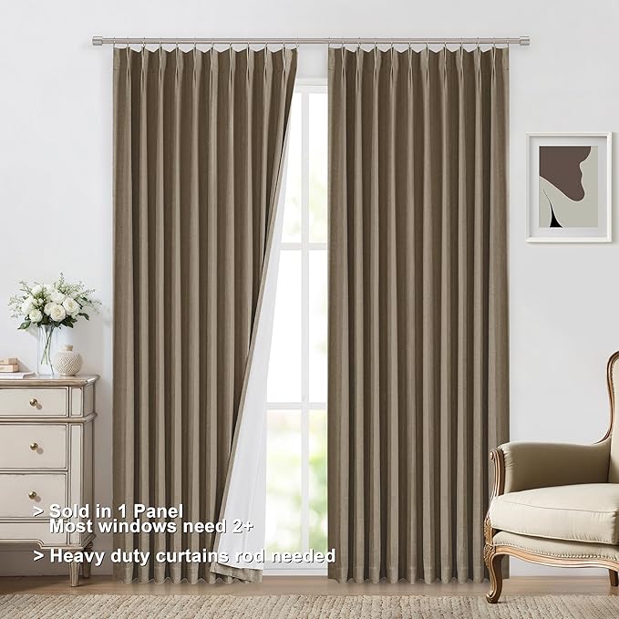 Vision Home Brown Pinch Pleated Full Blackout Curtains Linen Blended 60" Wide Thermal Insulated Window Panels 90 inch for Bedroom Living Room Darkening Pleat Drapes with Hooks Back Tab 60" Wx90 Lx1-Ruum Studio Home