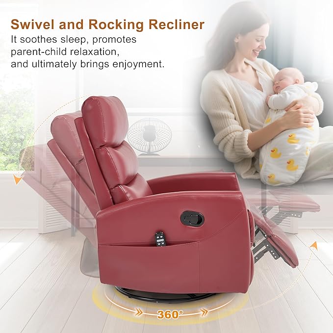 Manual Swivel Rocker Recliner Chair for Adults, Overstuffed Reclining Glider Chair for Nursing with Vibration Massage & Heat, Living Room Rocking Recliner 3-Stage backrest, Faux Leather Red-Ruum Studio Home