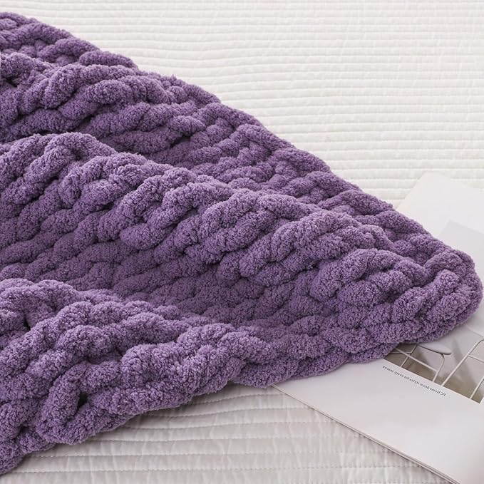 WESHIONGOO Chunky Knit Blanket Throw Knitted Throw Blankets for Couch Bed Fluffy Soft Blanket with Jumbo Chenille Yarn Thick 100% Handmade (Purple, 50"×60")-Ruum Studio Home
