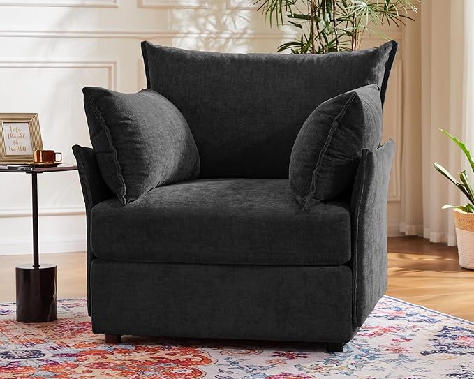 Oversized Accent Chair, Upholstered Modern Sofa Chair with Removable Backrest & Detachable Cover, 24.5" Deep Seat Large Reading Armchair for Living Room Bedroom Office - Chenille Black Set of 1-Ruum Studio Home