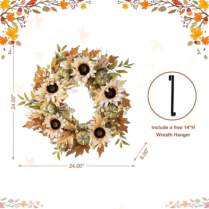 Glitzhome 24''D Artificial Fall Wreath for Front Door, Autumn Wreath with Sunflower, Pumpkin and Leaf, Metal Hanger for Farmhouse Indoor Outdoor Window Wall Door Decor-Ruum Studio Home