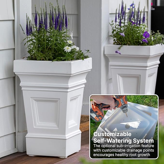 Step2 Atherton Square Planter, Large Planters for Outdoor Plants, Gardening and Flower Pot for Patio or Porch, Efficient Drainage, Durable Plastic, Classic White-Ruum Studio Home