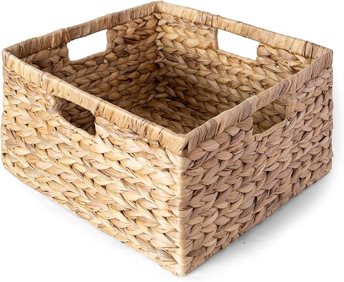 Large 14.5” x 13.5” x 8” (Set of 3) Natural Water Hyacinth Woven Storage Baskets, Rectangular Wicker Basket with Built-in Handles, Large (Natural)-Ruum Studio Home