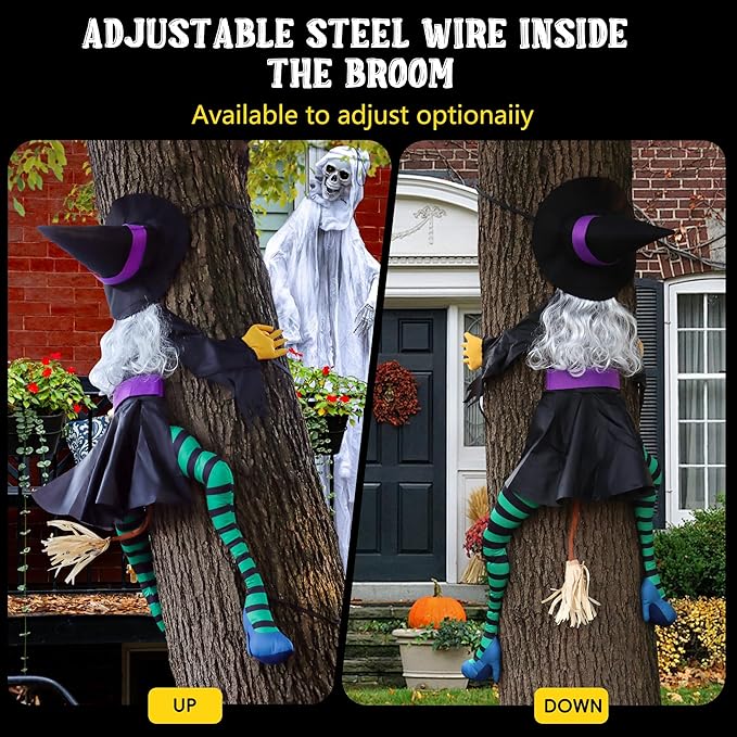 POPGIFTU 63" Crashing Witch Halloween Decoration – Flying Witch on Broom Into Tree Outdoor Yard Prop for Porch, Lawn, Garden, Pillars, Door, or Haunted House Decor-Ruum Studio Home