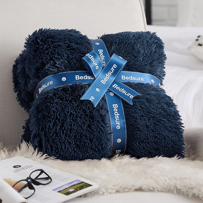 Bedsure GentleSoft Fuzzy Faux Fur Twin Blanket, Navy Blue Cozy Gifts for Men, Soft Sherpa Fleece Plush Warm Minky Thick Blanket Twin Size for Bed, Navy Dorm Decor Blue Gifts for Boys, 60x80-Ruum Studio Home