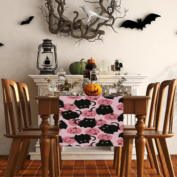 Halloween Table Runner Black Cat Pink Pumpkins Seasonal Kitchen Dining Table Home Outdoor Party Decorations 13x36 Inch-Ruum Studio Home