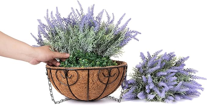 Artificial Hanging Flowers with Basket Fake Summer Lavender for Outdoor Decor, 12 Bundles Faux Purple Outside Decoration Realistic UV Resistant Plants for Porch Balcony Patio Garden Yard-Ruum Studio Home