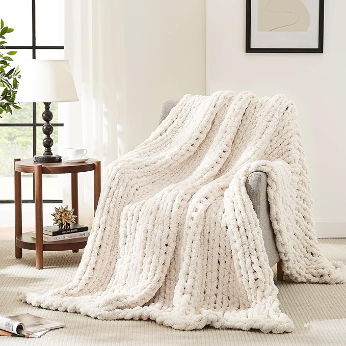 L'AGRATY Chunky Knit Blanket Throw: 80''x90'' Chenille Chunky Knitted Throw Blanket for Bed Couch - Handmade Thick Big Cable Knit Blanket - Large Chunky Crochet Rope Blanket for Home Decor(Ivory)-Ruum Studio Home
