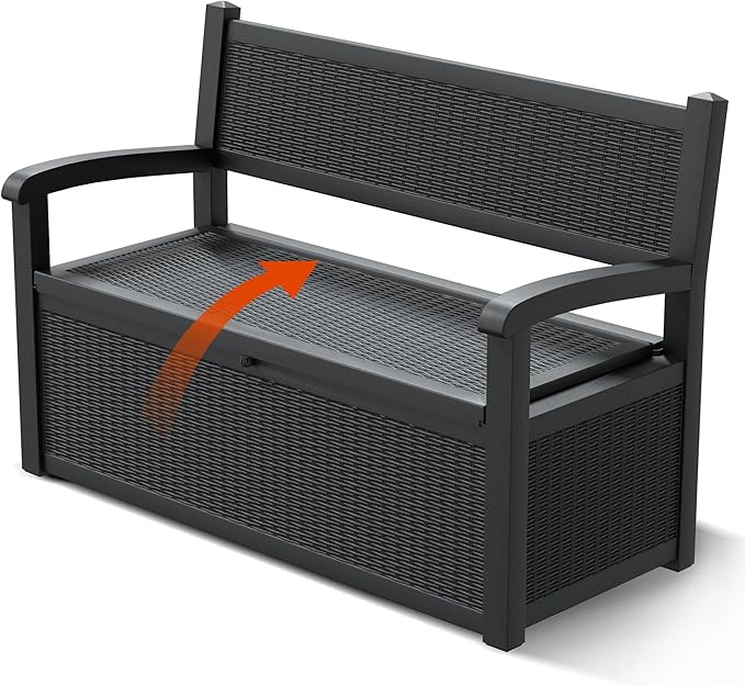 70 Gallon Outdoor Storage Box, Resin Patio Furniture with Armrest, Lockable Deck Box with Waterproof and UV Resistant for Patio Cushions, Garden Tools and Pool Supplies, Black-Ruum Studio Home