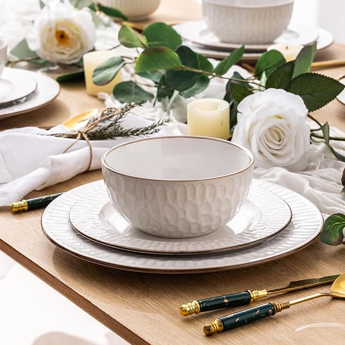 GBHOME Ceramic Dinnerware Sets,12 pcs Embossed Elegant Stoneware Plates and Bowls Sets, Housewarming Wedding Gift | Dishwasher & Microwave Safe | Dishes Set Service for 4-Ruum Studio Home