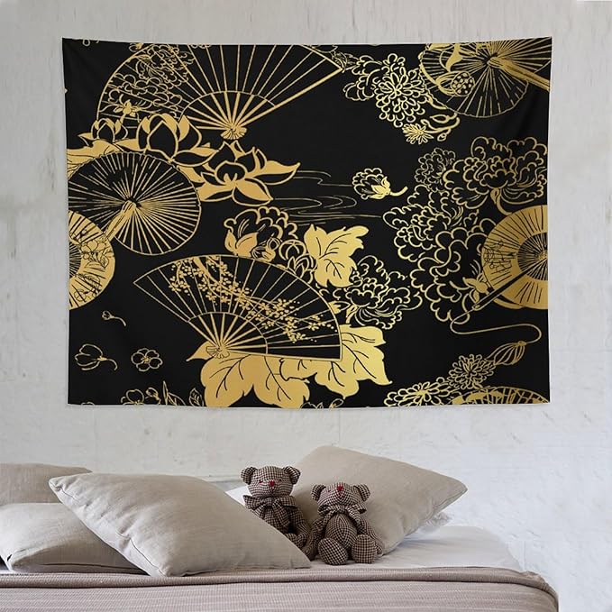 HZOHNAGO Japanese Tapestry Gold Flowers Umbrella Fan Pattern Printed Wall Tapestry Painting Wall Hanging for Bedroom Living Room Dorm 80" W x 60" H-Ruum Studio Home