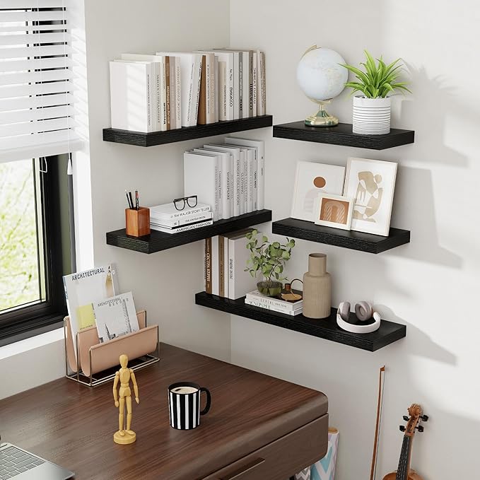 24 Inch Floating Shelves, 8 Inch Deep Floating Shelves for Wall, Hanging Shelf with Invisible Brackets, Deep Shelves for Bathroom, Bedroom, Living Room, Black, Set of 2-Ruum Studio Home