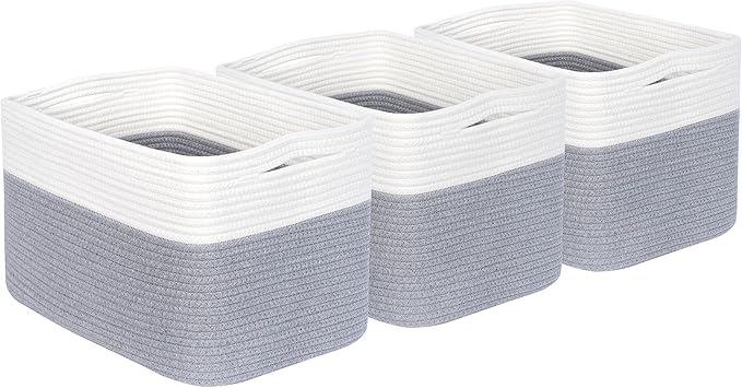 MINTWOOD Design 3-Pack Storage Baskets for Shelves, Playroom and Classroom, Book Basket, Decorative Storage Cube Bins, Woven Closet Organizers, Pantry and Shoe Organizer, Grey-Ruum Studio Home