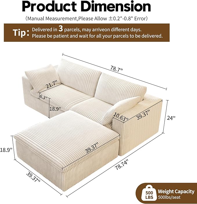 78.74" L Shaped Modern Sofa Modular Sectional Cloud Couch with Ottoman,Upholstered Couches with Plush Corduroy Fabric for Living Room Furniture,Bedroom and Apartment,No Assembly Required,White-Ruum Studio Home