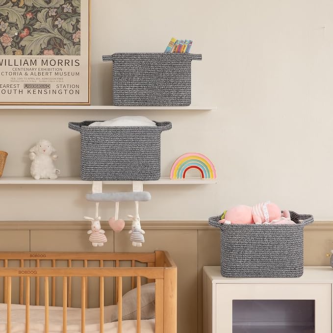 OIAHOMY Storage Basket, Woven Baskets for Storage, Cotton Rope Basket for toys,Towel Baskets for Bathroom - Pack of 3, Black-Ruum Studio Home