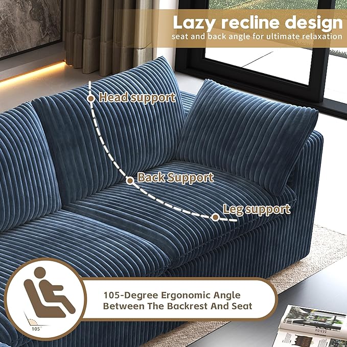 118" 3-Seater Cloud Sofa,Modular Sectional Couch,Modern Deep Seat Upholstered Couches with Plush Corduroy Fabric for Living Room Furniture,Bedroom and Apartment,No Assembly Required,Blue-Ruum Studio Home